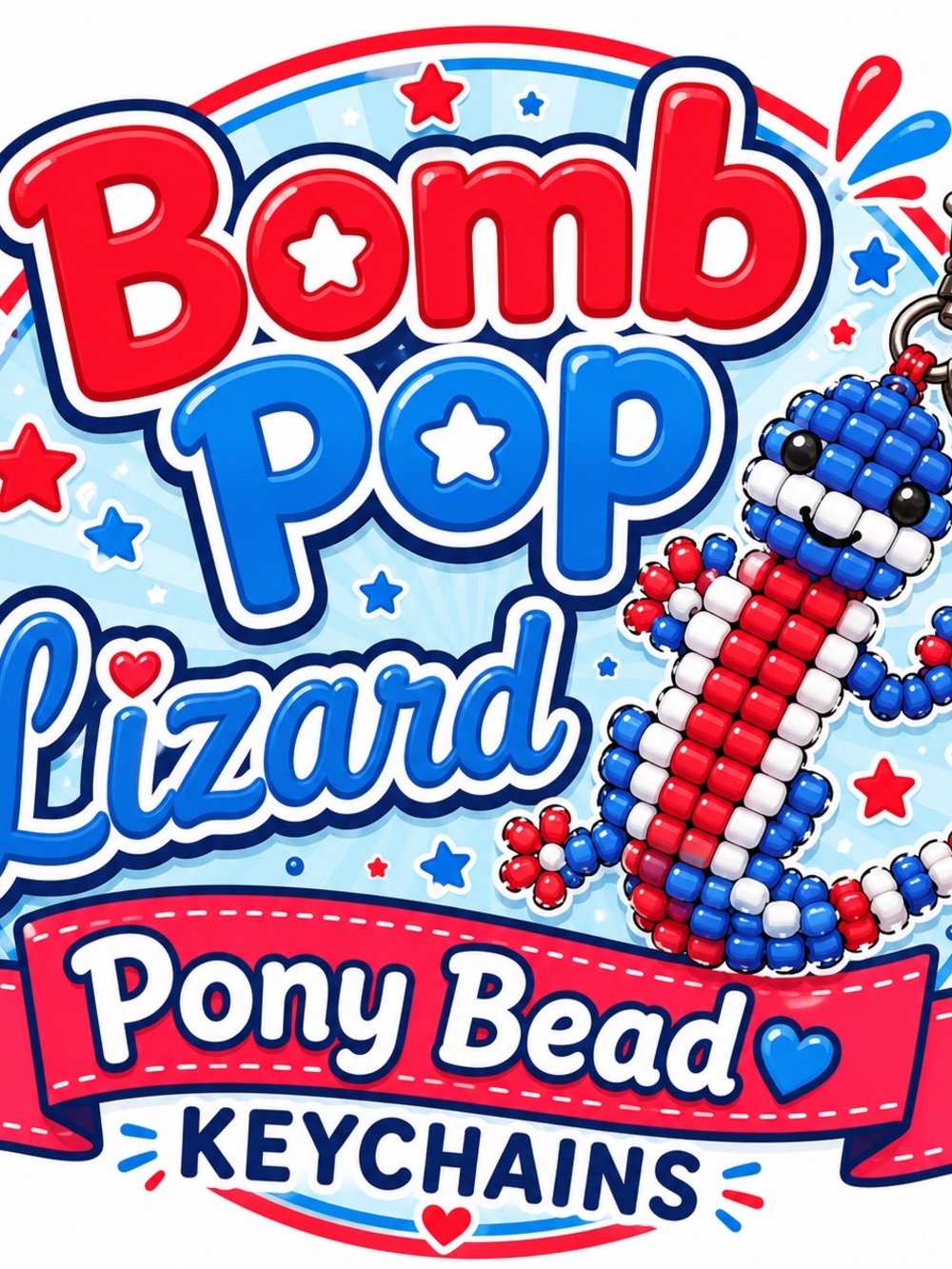 Bomb Pop Lizard Pony Bead Keychain - Red, White & Blue
